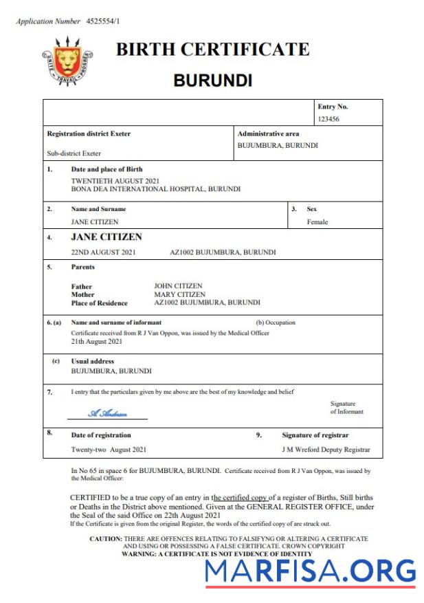 Blank Burundi vital record birth certificate Word and PDF template